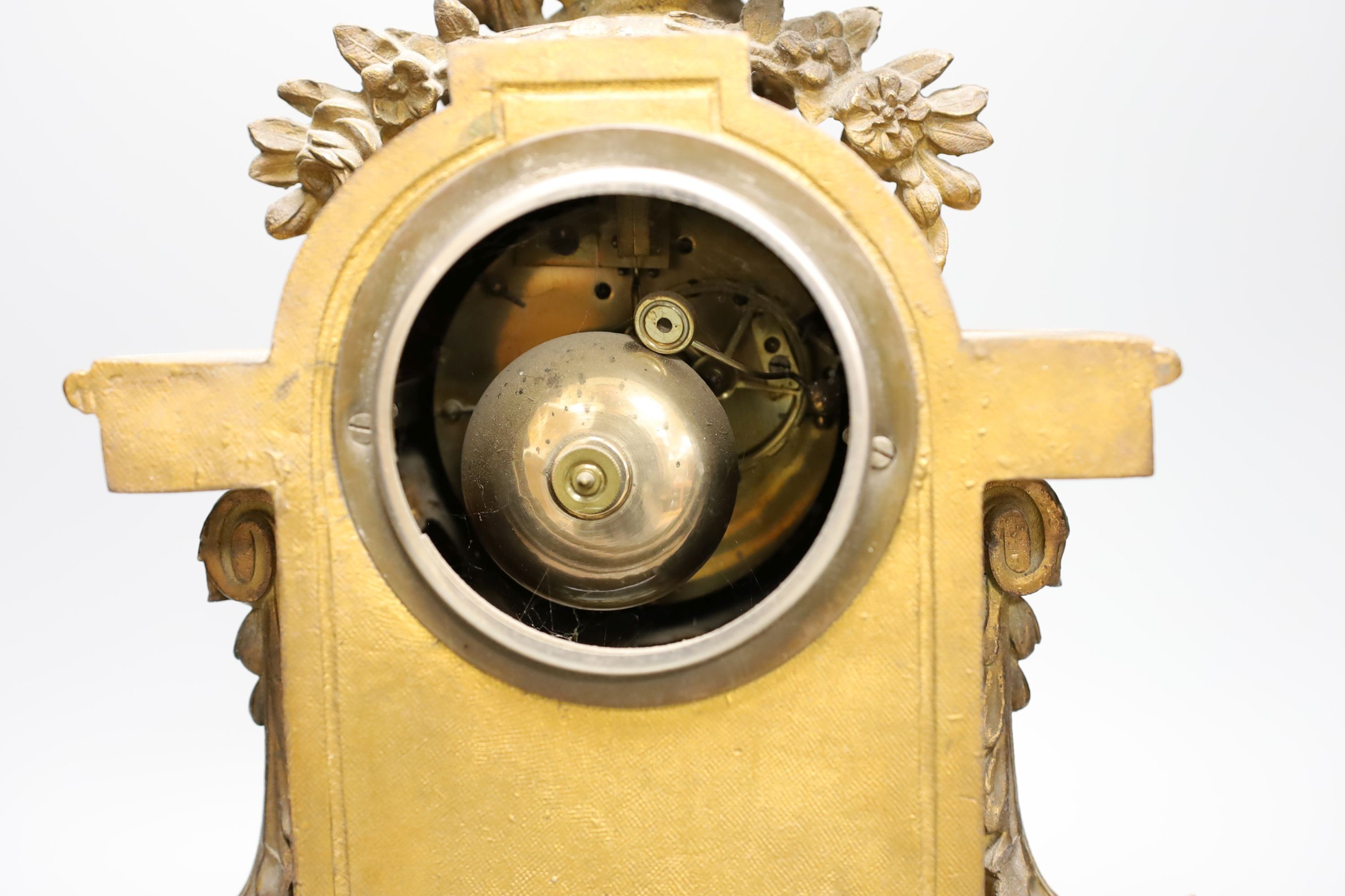 A 19th century French gilt metal and porcelain mantel clock, 36cm high